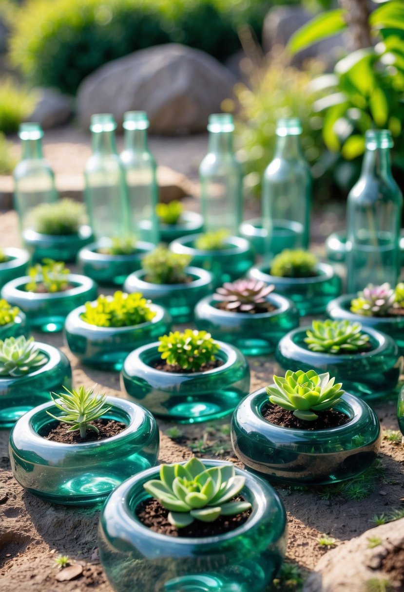 Circular arrangements of glass bottles with small green plants growing in the center, placed outdoors in a garden setting.