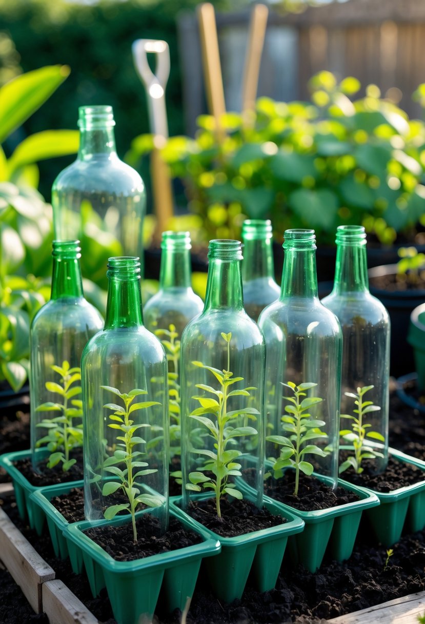 Glass bottles repurposed as small greenhouses covering seedlings in a garden setting with plants and soil.
