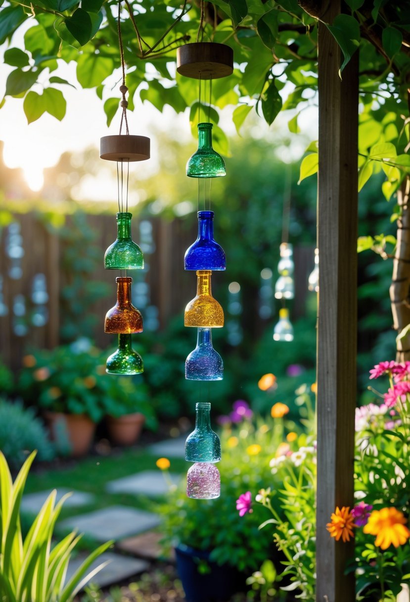 A garden scene with colorful bottle top wind chimes hanging from a wooden frame surrounded by green plants and flowers.