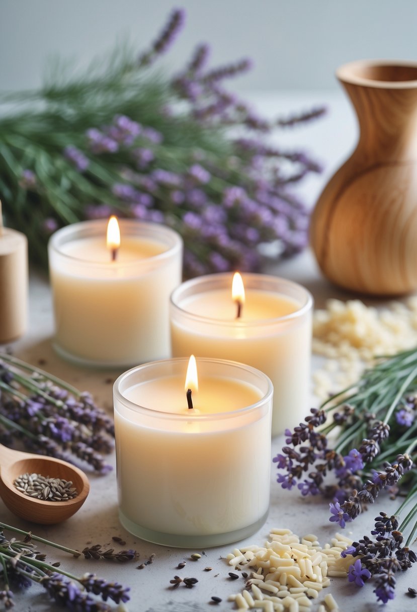 Lit soy wax lavender candles surrounded by fresh lavender and candle-making ingredients on a neutral surface.