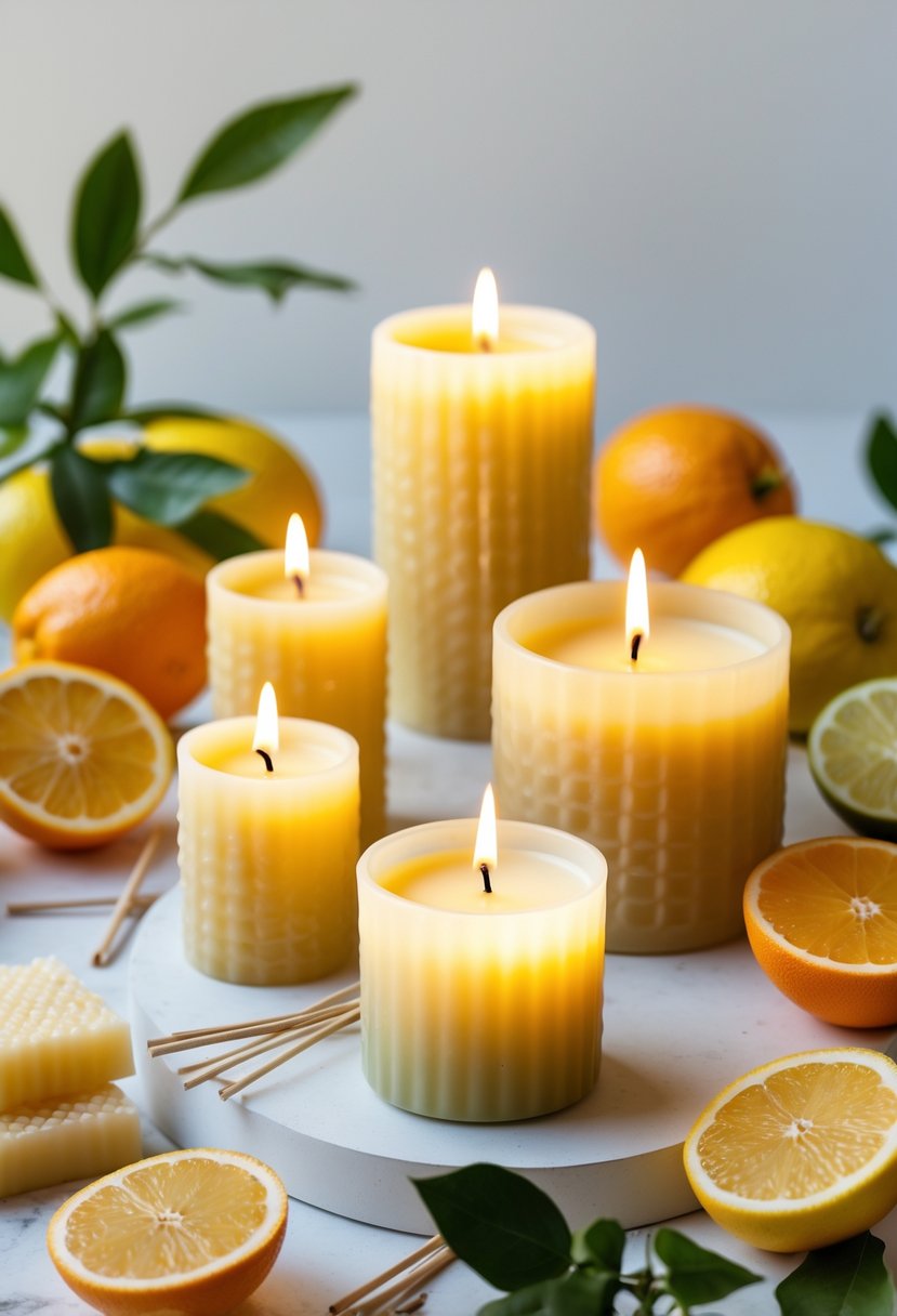 Lit beeswax candles surrounded by fresh citrus fruits and natural candle-making materials on a bright surface.