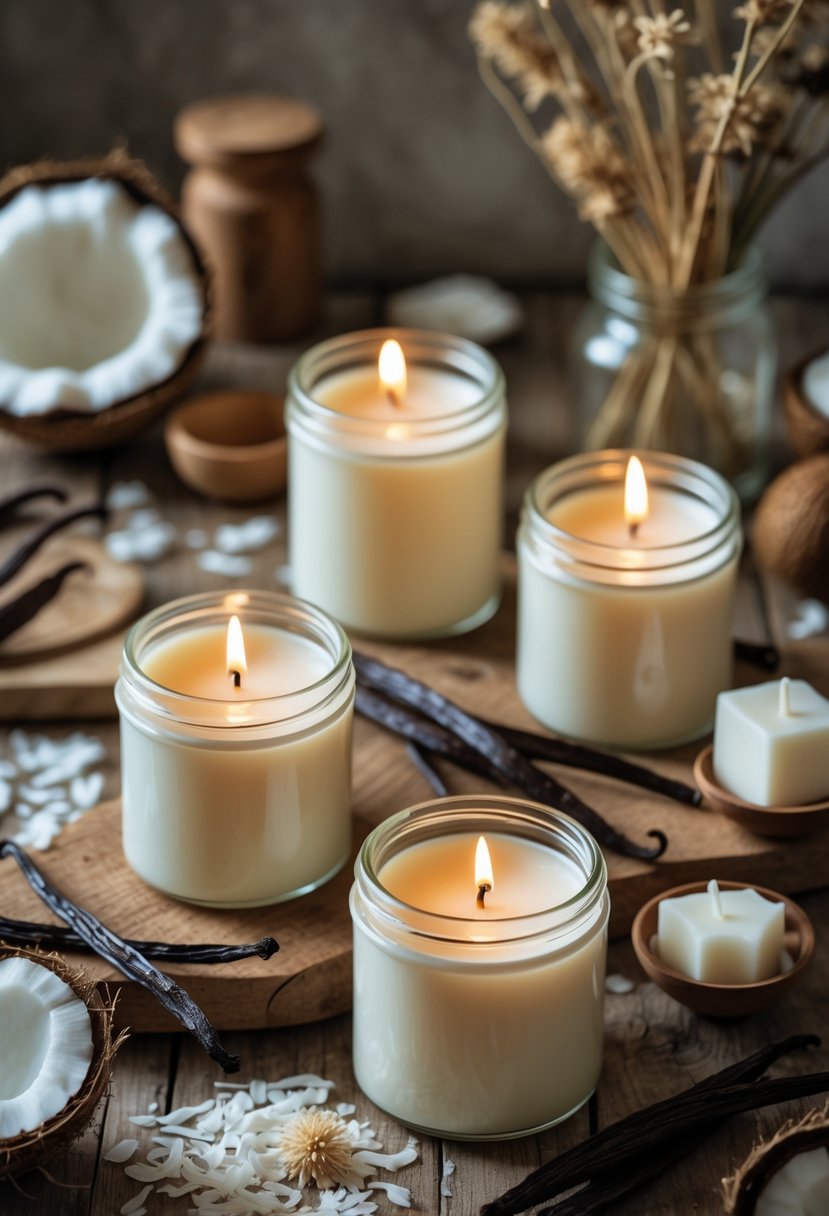 Several lit coconut wax vanilla bean candles on a wooden surface surrounded by vanilla beans, coconut shells, and candle-making tools.