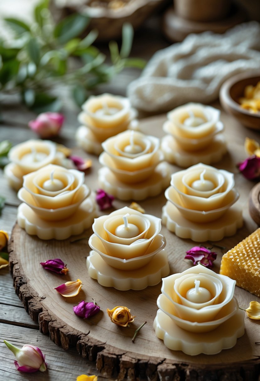 Several rose-shaped palm wax candles arranged on a wooden surface with natural candle-making ingredients nearby.
