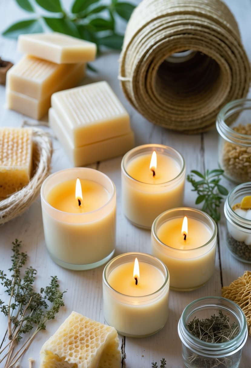 A collection of unscented candles and hemp wick on a wooden table surrounded by natural candle-making materials.
