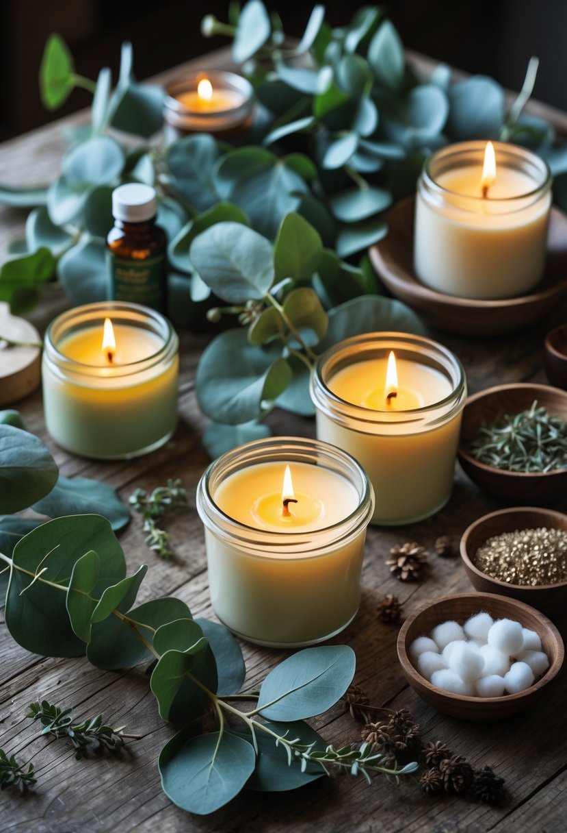 A table with handmade candles, fresh eucalyptus leaves, essential oil bottles, and candle-making supplies arranged neatly.