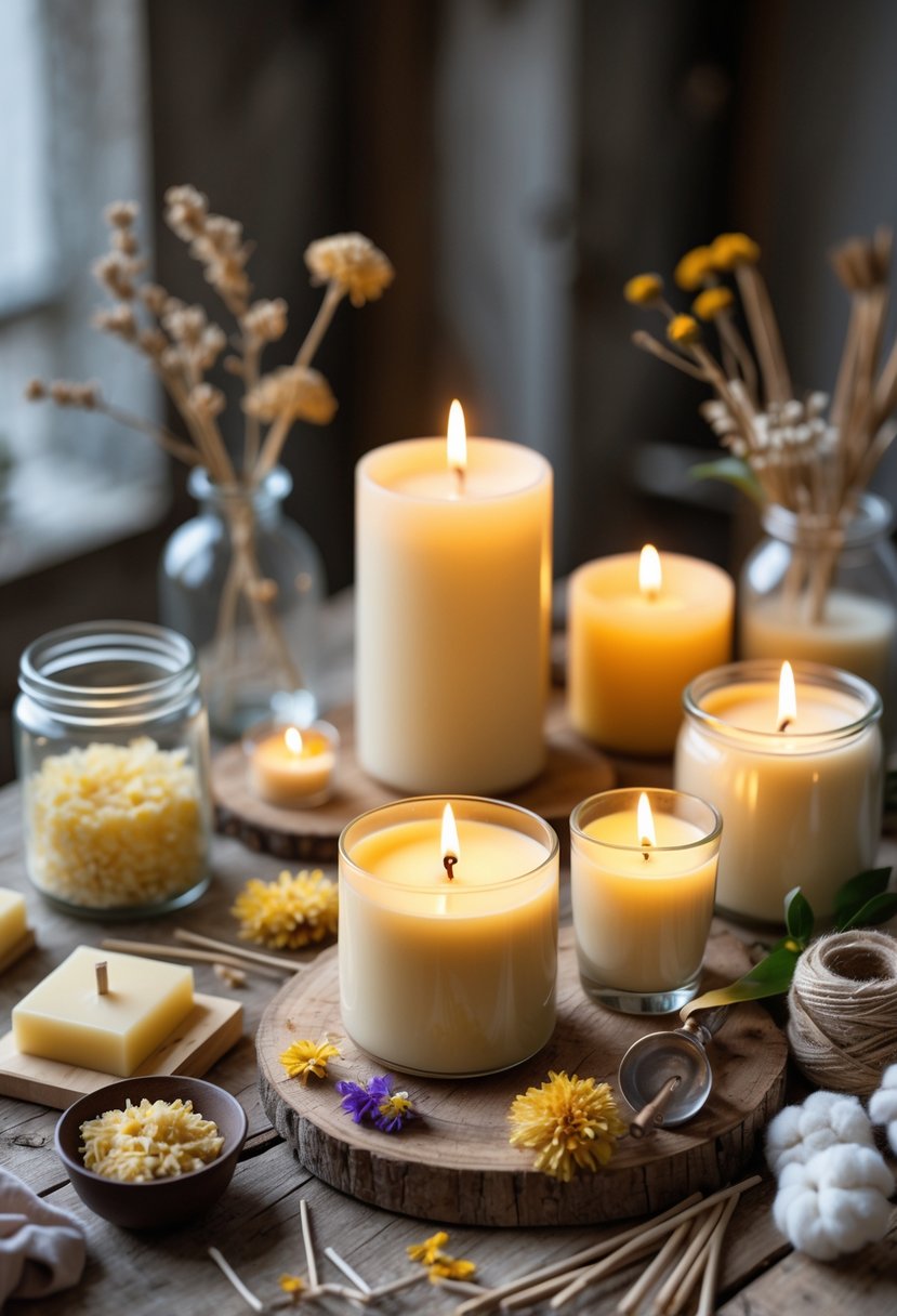 A table with handmade soy and beeswax candles surrounded by natural ingredients and candle-making tools.