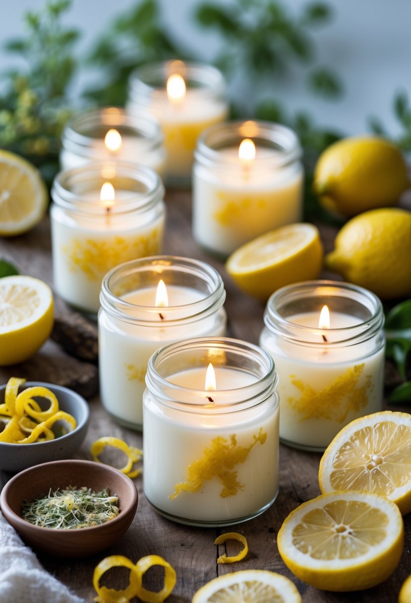 Lit soy candles on a wooden surface surrounded by fresh lemon slices, lemon zest, and natural candle-making ingredients.