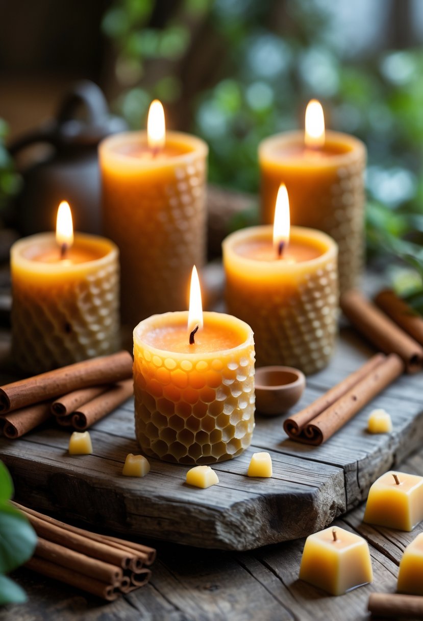 A collection of lit cinnamon bark beeswax candles on a wooden surface, surrounded by cinnamon sticks and beeswax pieces.