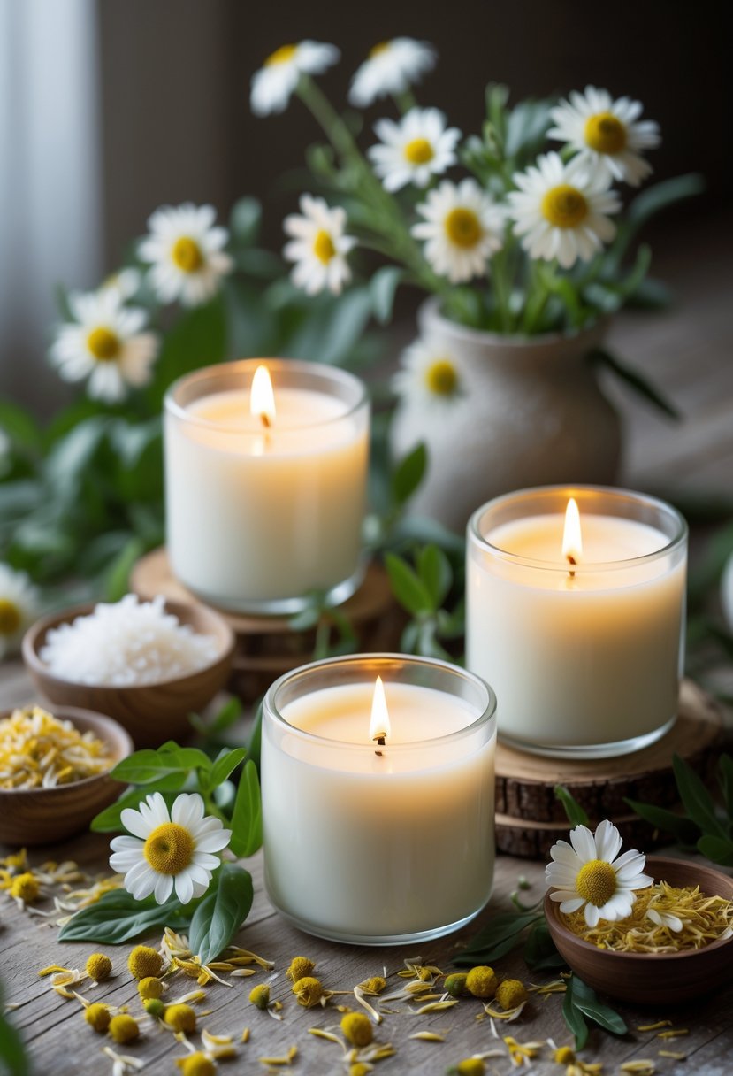 Lit chamomile infused coconut wax candles surrounded by fresh chamomile flowers and green leaves on a wooden surface.