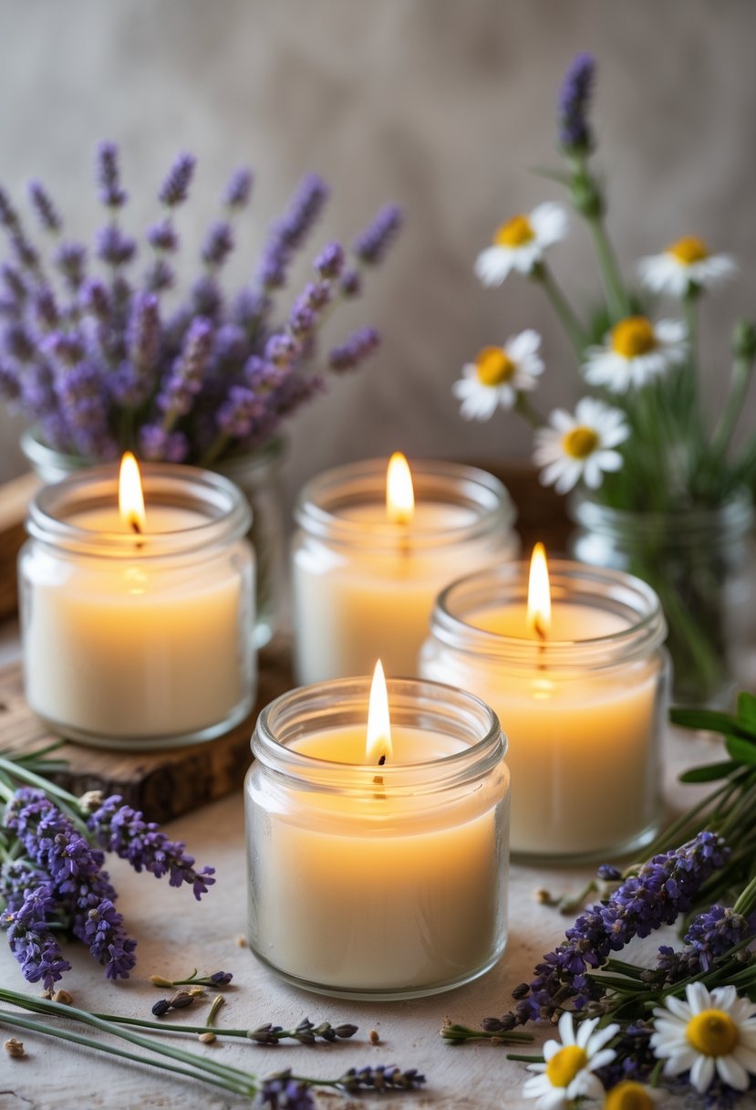 Several lit lavender and chamomile candles surrounded by fresh lavender sprigs and chamomile flowers on a wooden surface.