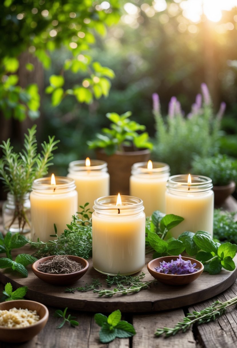 A collection of lit soy wax candles surrounded by fresh herbs and natural ingredients on a wooden table with a garden background.
