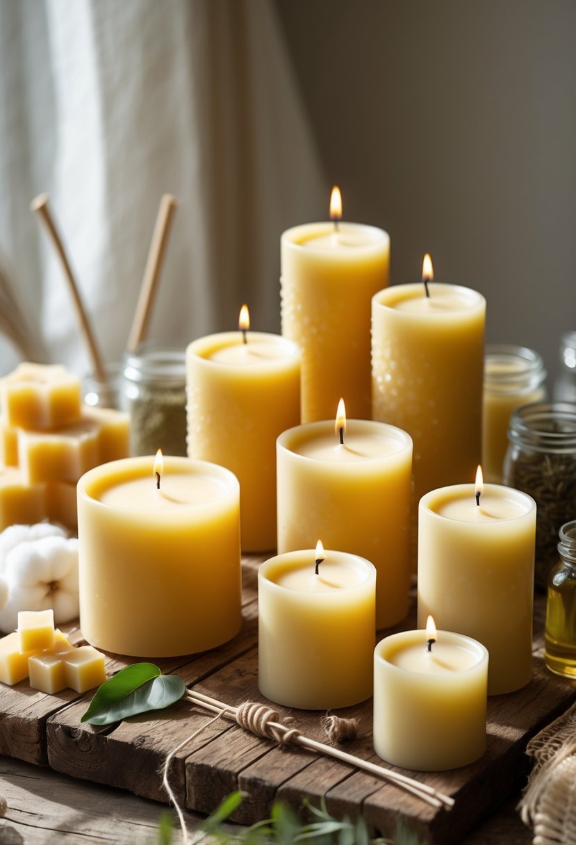 A collection of unscented beeswax pillar candles surrounded by natural candle-making ingredients on a wooden surface.