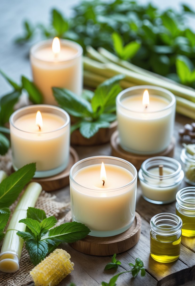 Lit eco-friendly candles surrounded by fresh lemongrass and mint leaves on a wooden surface.