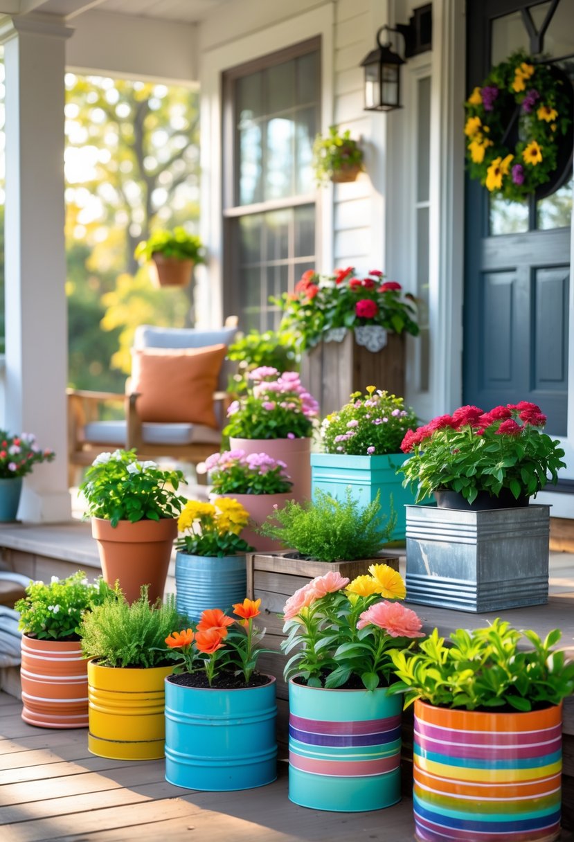 A porch with various colorful planters filled with green plants and flowers arranged neatly on wooden flooring near a front door.