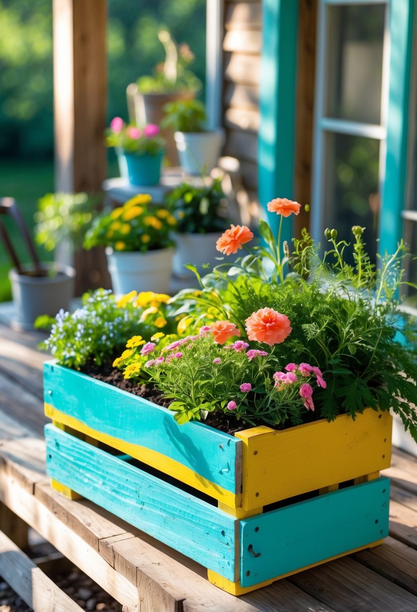 An upcycled wooden crate painted in bright colors used as a planter filled with flowers and green plants on a porch.