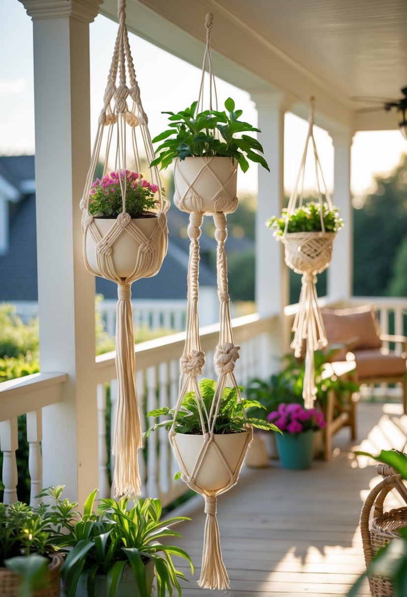 Several hanging macrame plant holders with green plants displayed on a sunny porch with wooden railings.