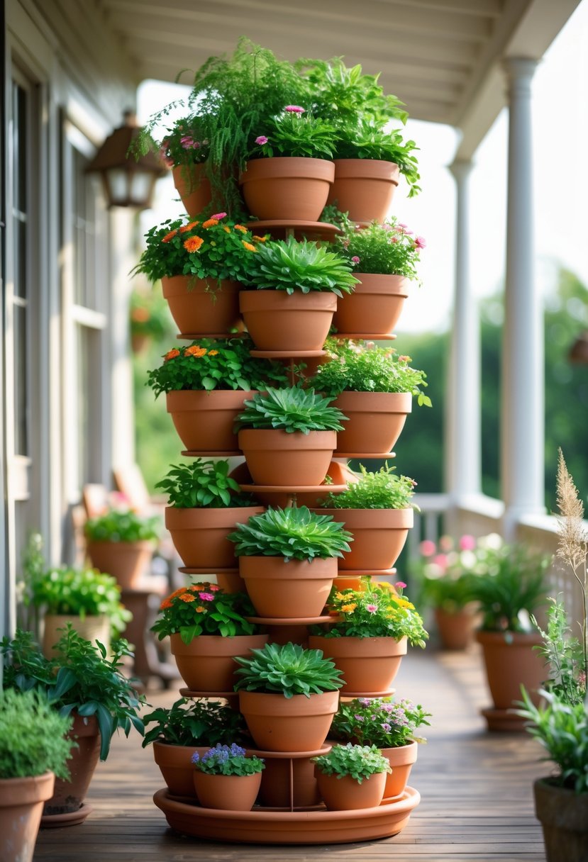 A tall tower made of stacked terra cotta pots filled with green plants and colorful flowers on a sunlit porch.
