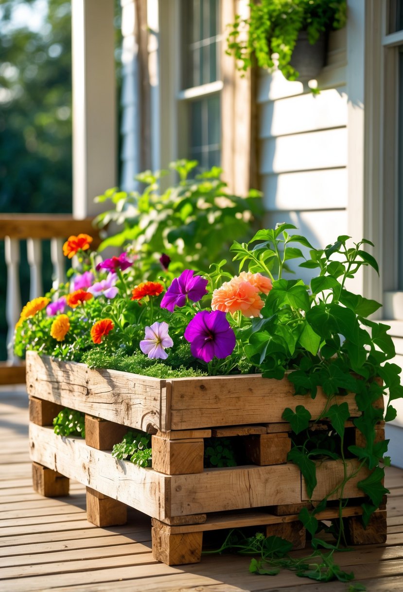 A rustic wooden pallet planter box filled with colorful flowers and green plants on a porch.