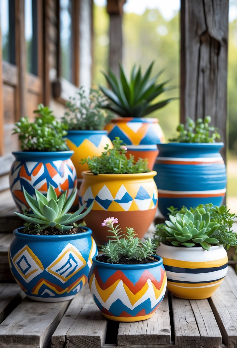 A collection of painted ceramic pots with geometric patterns holding green plants arranged on a wooden porch.
