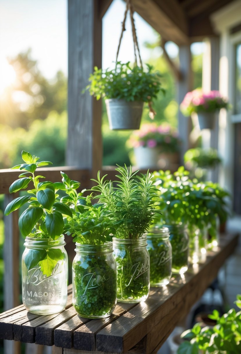 A collection of mason jars filled with various green herbs arranged on a wooden porch shelf in natural sunlight.