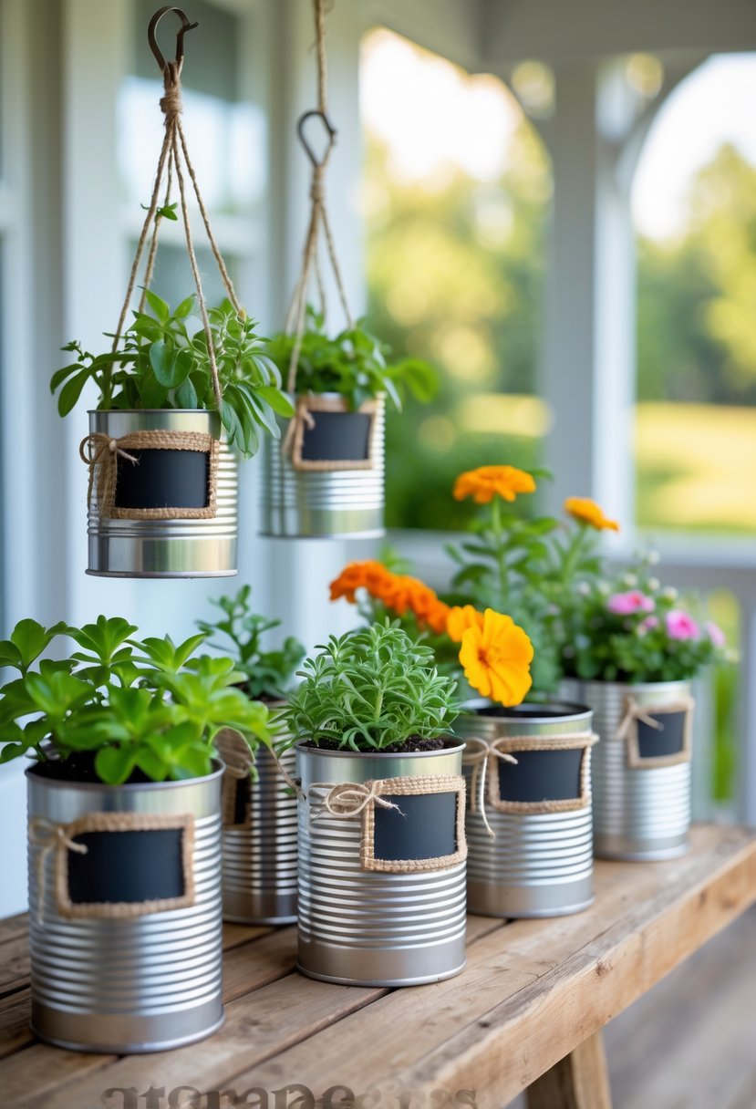 A collection of recycled tin cans used as planters holding various green plants and colorful flowers, displayed on a wooden table and hanging outdoors on a porch.