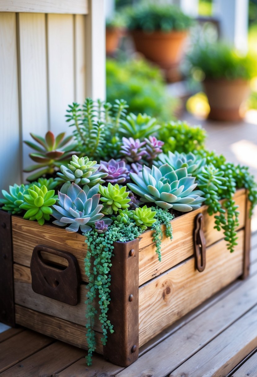 A vintage wooden toolbox filled with various colorful succulents sitting on a sunlit porch.