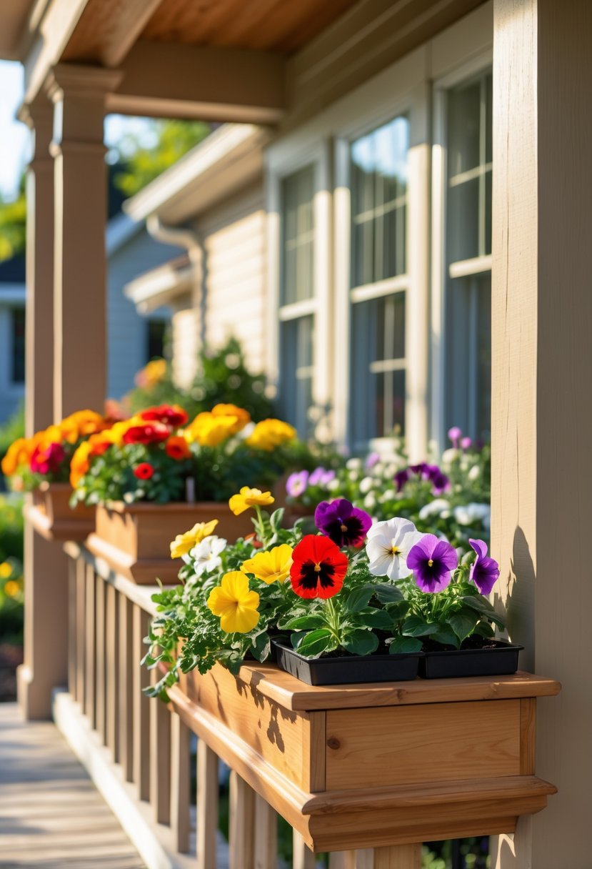 A front porch with wooden railing flower boxes filled with colorful blooming flowers and a cozy home exterior in the background.