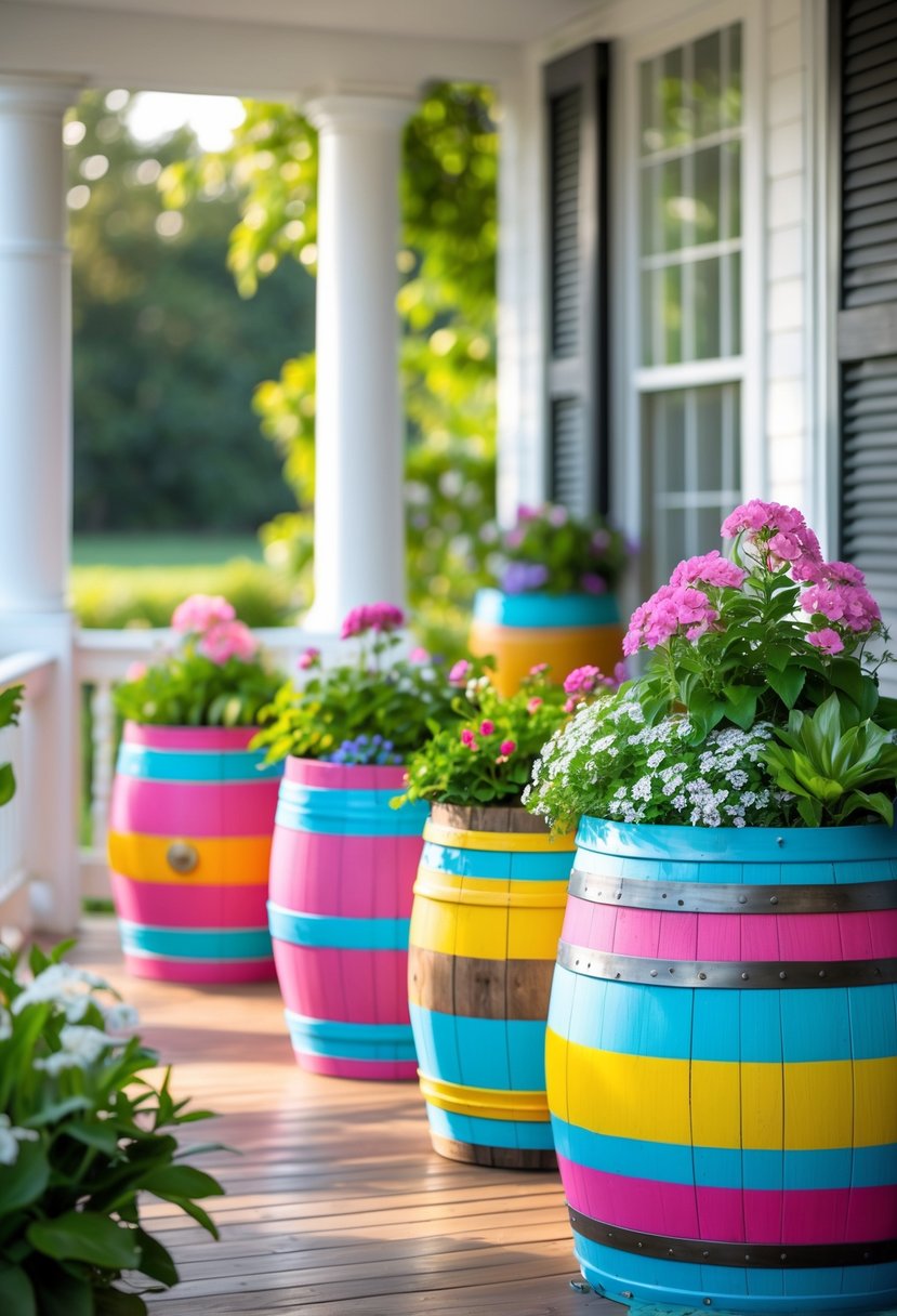 Several colorful painted wine barrel planters filled with plants arranged on a porch.