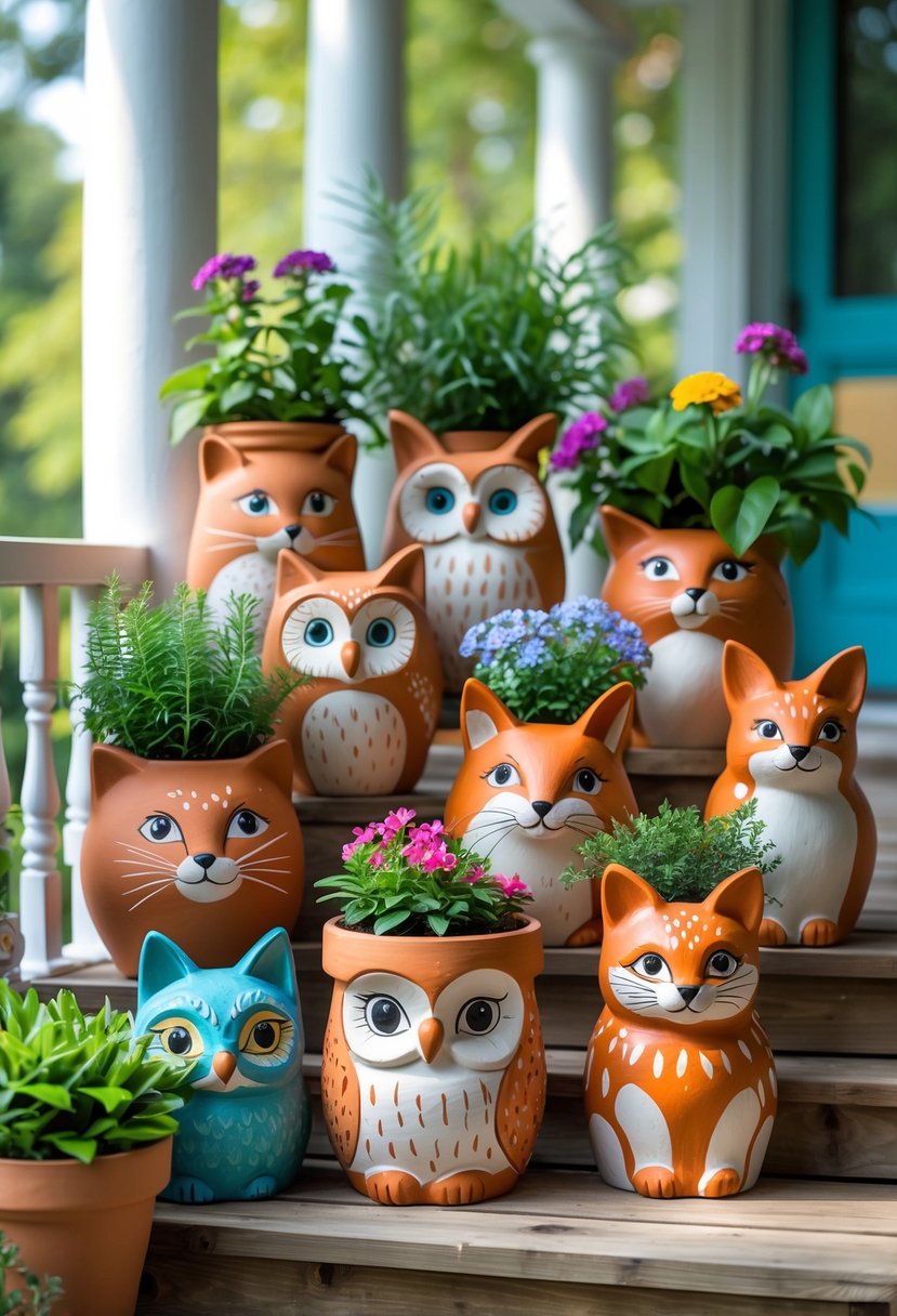 A collection of colorful hand-painted animal-shaped terra cotta pots with plants inside, arranged on a porch.