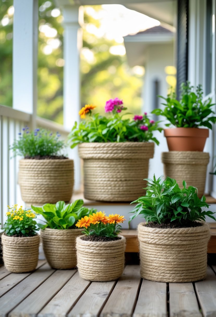 A group of rope-wrapped planter pots with green plants and flowers arranged on a porch with wooden flooring and natural sunlight.