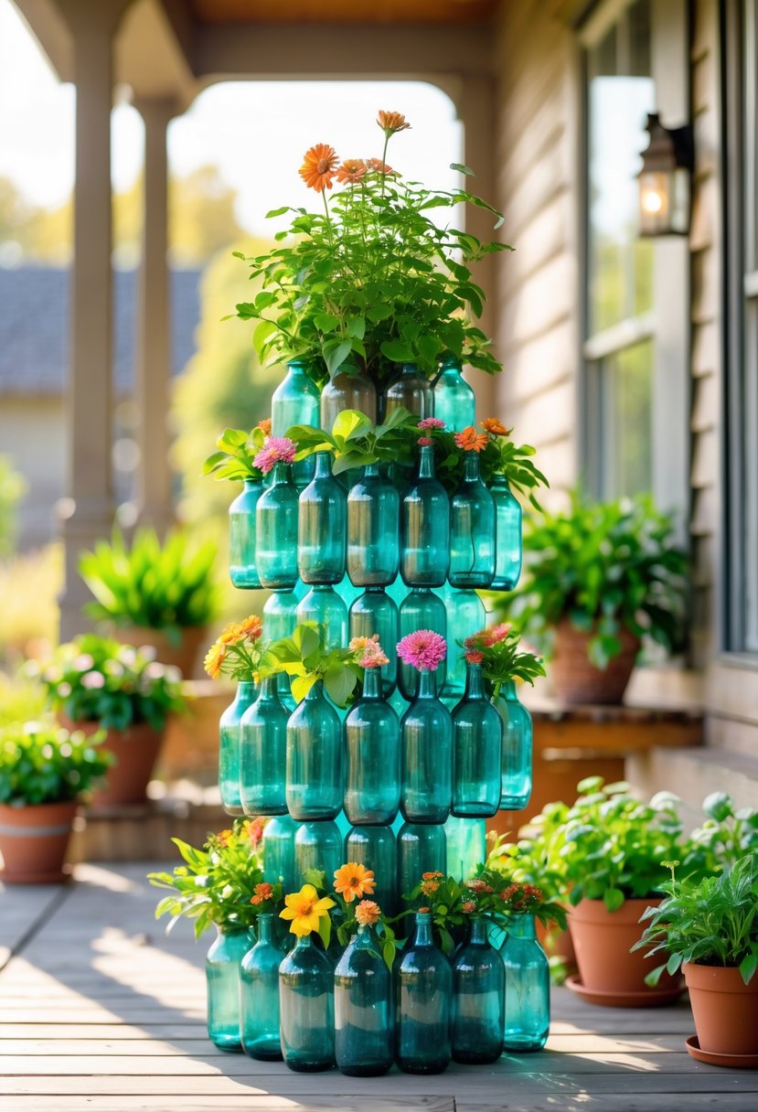 Stacked glass bottles used as planters filled with green plants and flowers on a porch with wooden flooring.