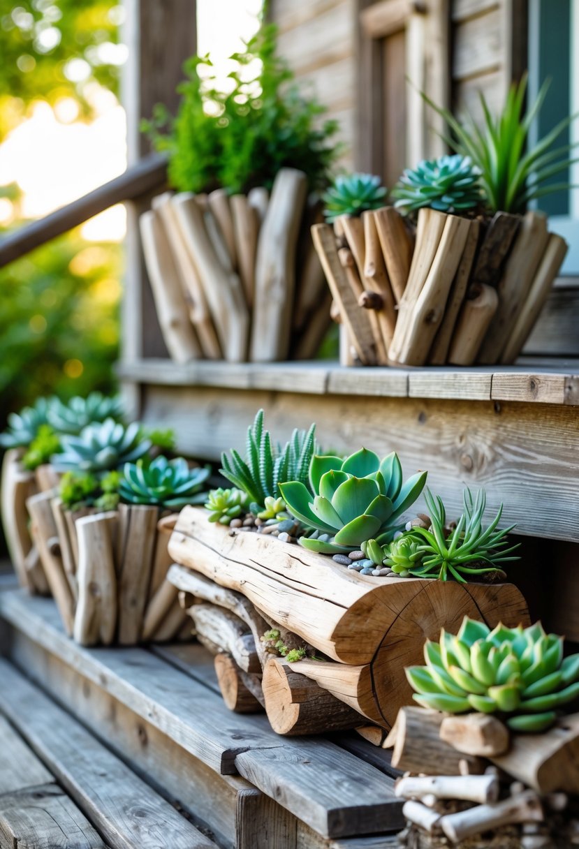 Various driftwood planters filled with succulent plants arranged on a wooden porch bench and steps.