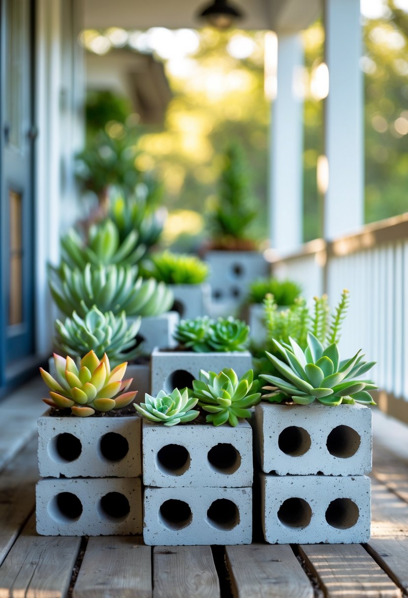 Concrete block planters filled with various succulents arranged on a sunlit porch.