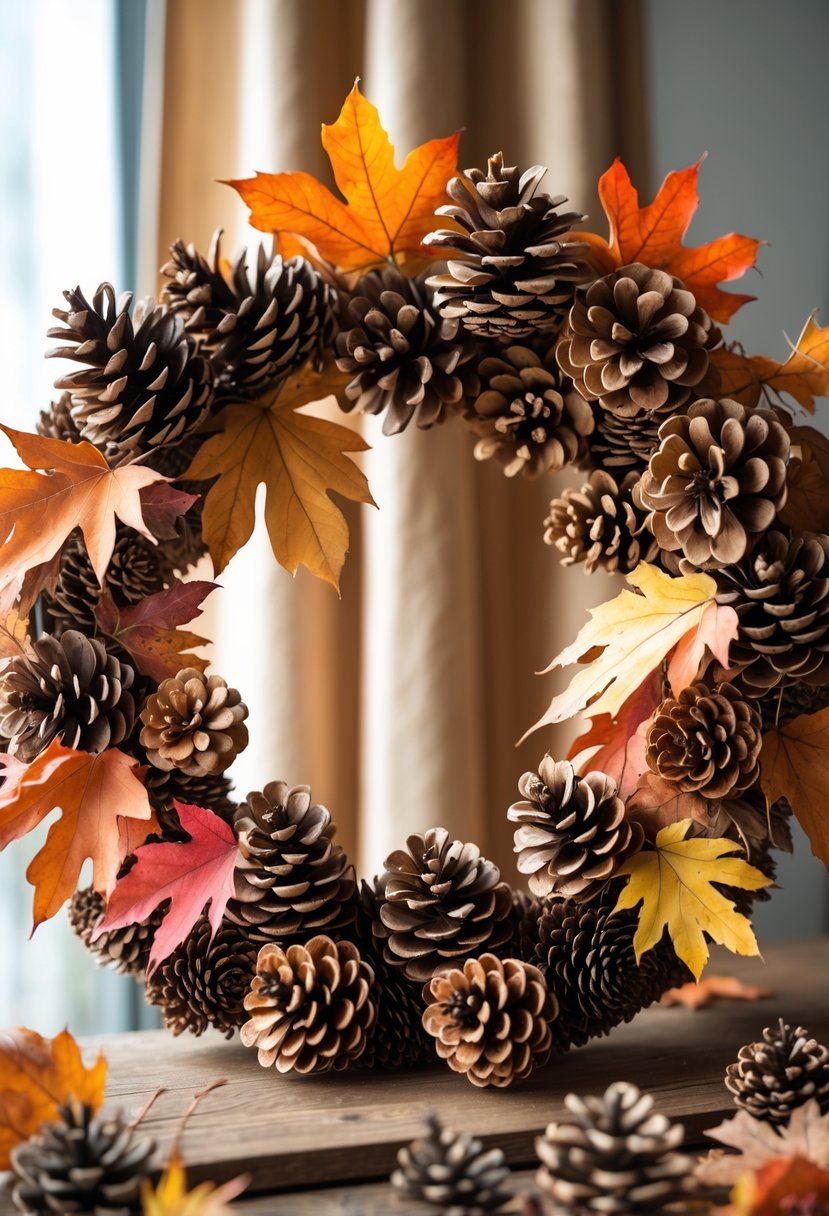 A circular wreath made of eleven pinecones and colorful autumn leaves arranged on a neutral background.