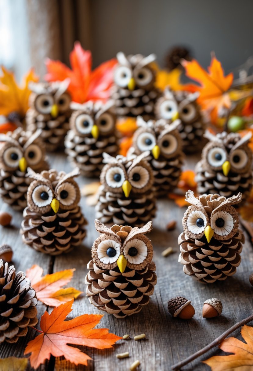 Eleven pinecone owl figurines arranged on a wooden surface surrounded by colorful autumn leaves, acorns, and twigs.
