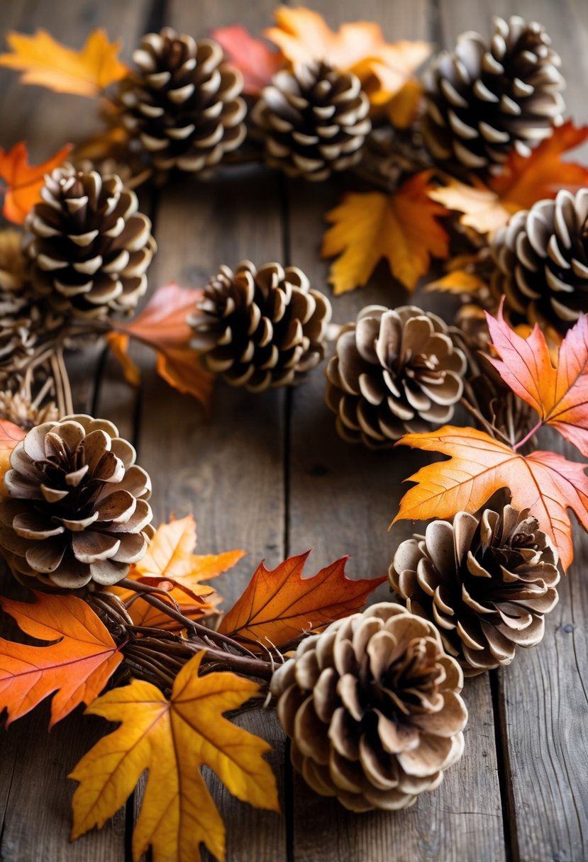 A garland made of pinecones and colorful autumn leaves arranged on a wooden surface.