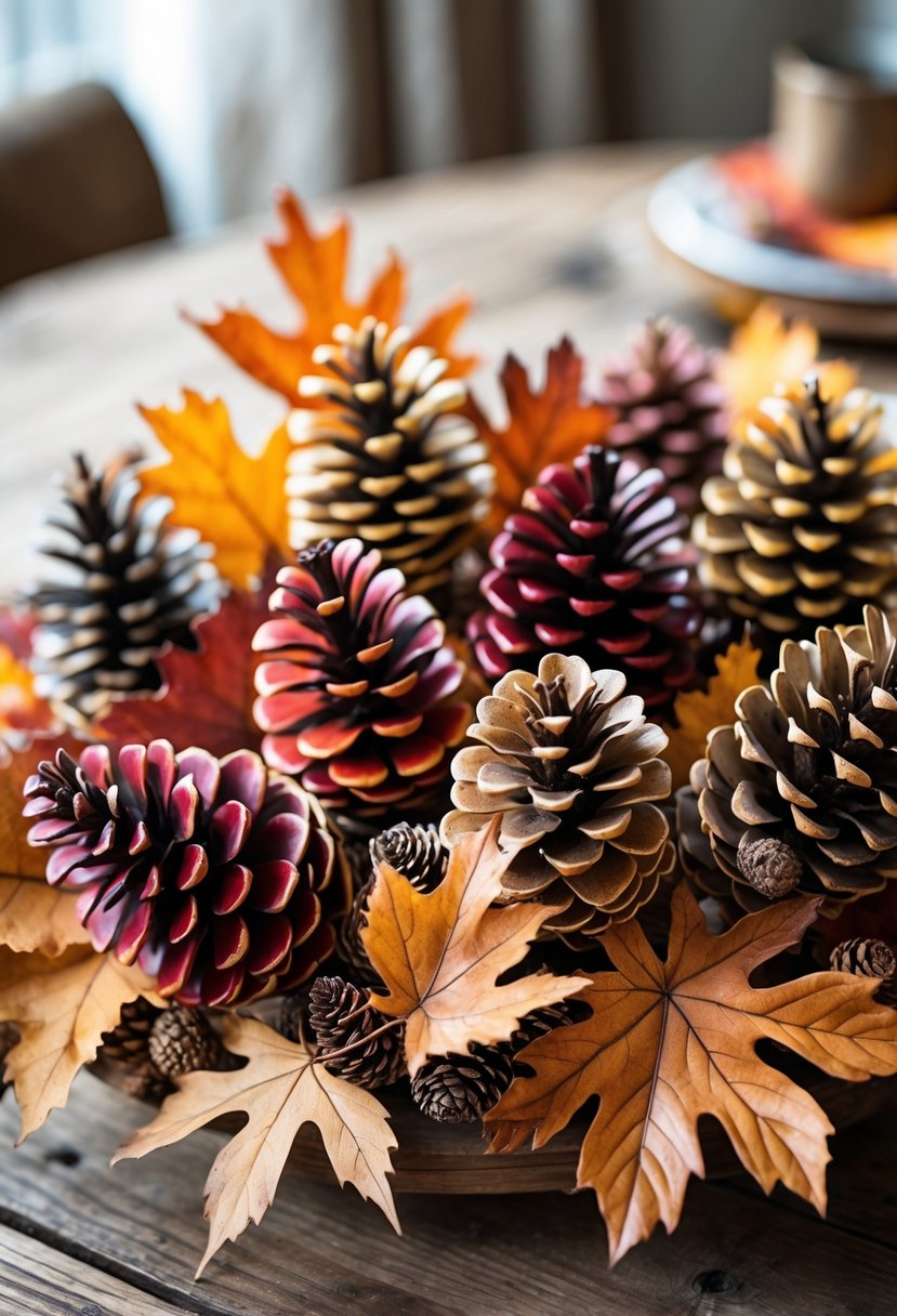 A centerpiece of eleven painted pinecones and fall leaves arranged on a wooden table.