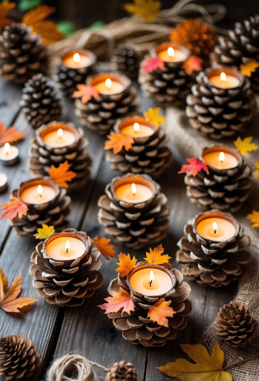 Eleven pinecone candle holders with lit candles surrounded by autumn leaves and pinecones on a wooden surface.