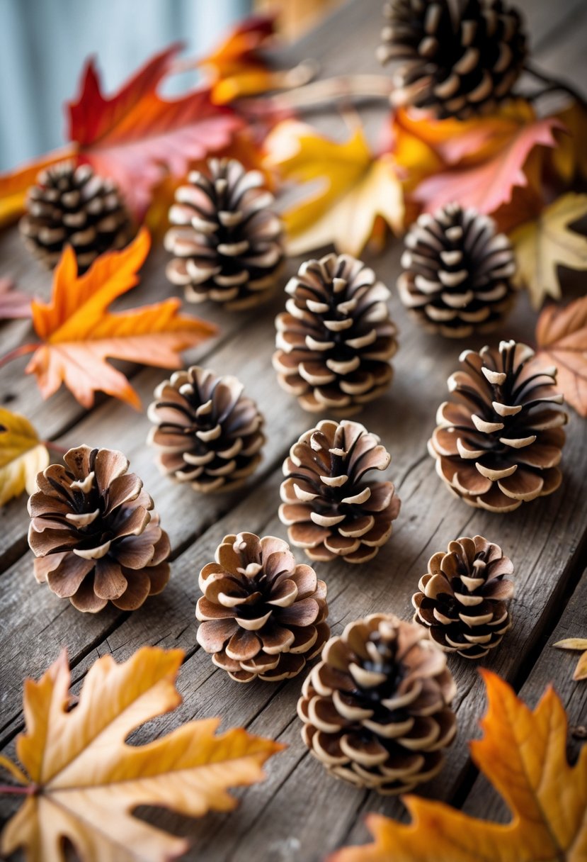 Eleven pinecones and colorful autumn leaves scattered on a wooden table.