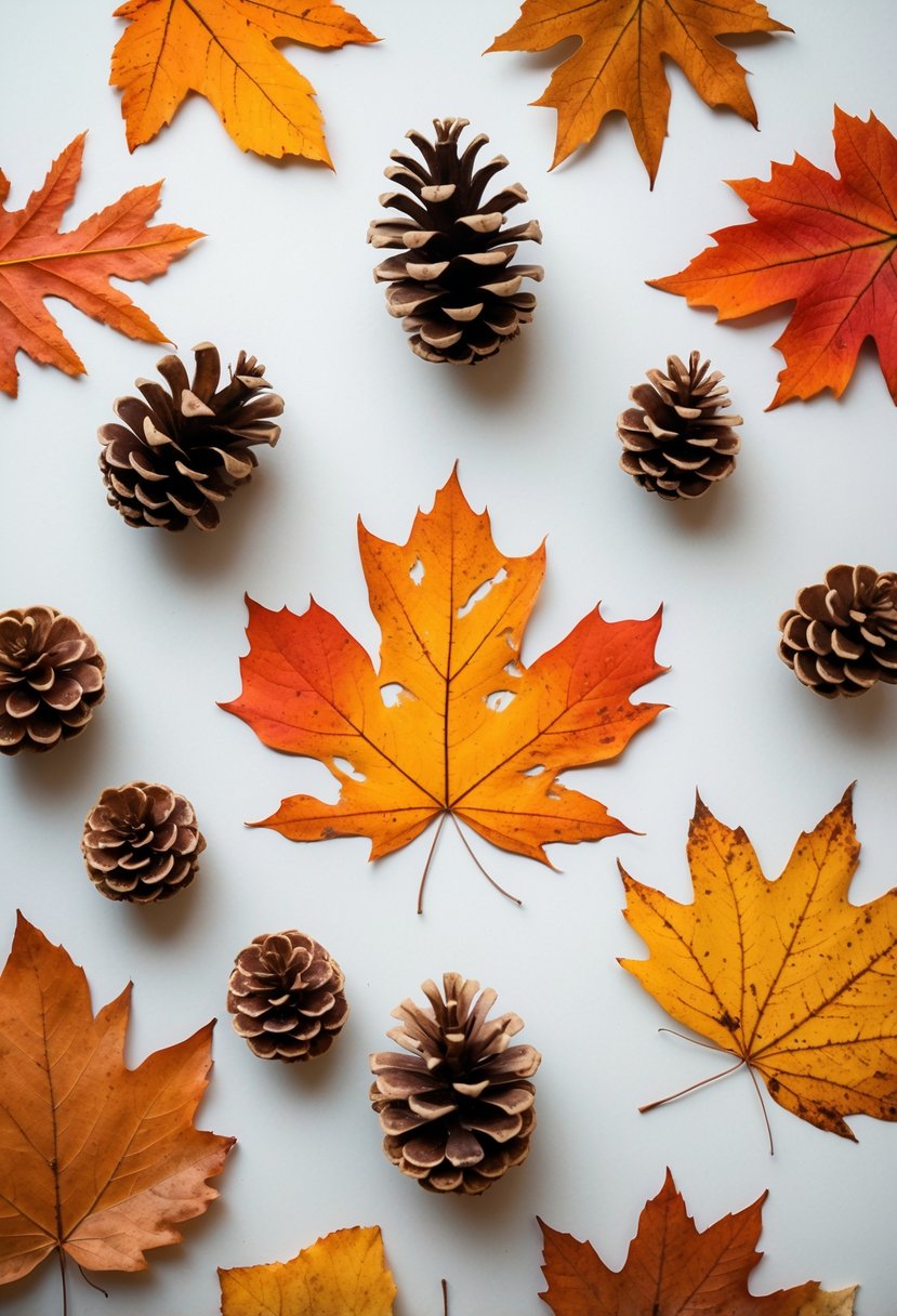 An arrangement of eleven pinecones surrounded by colorful pressed autumn leaves on a neutral background.