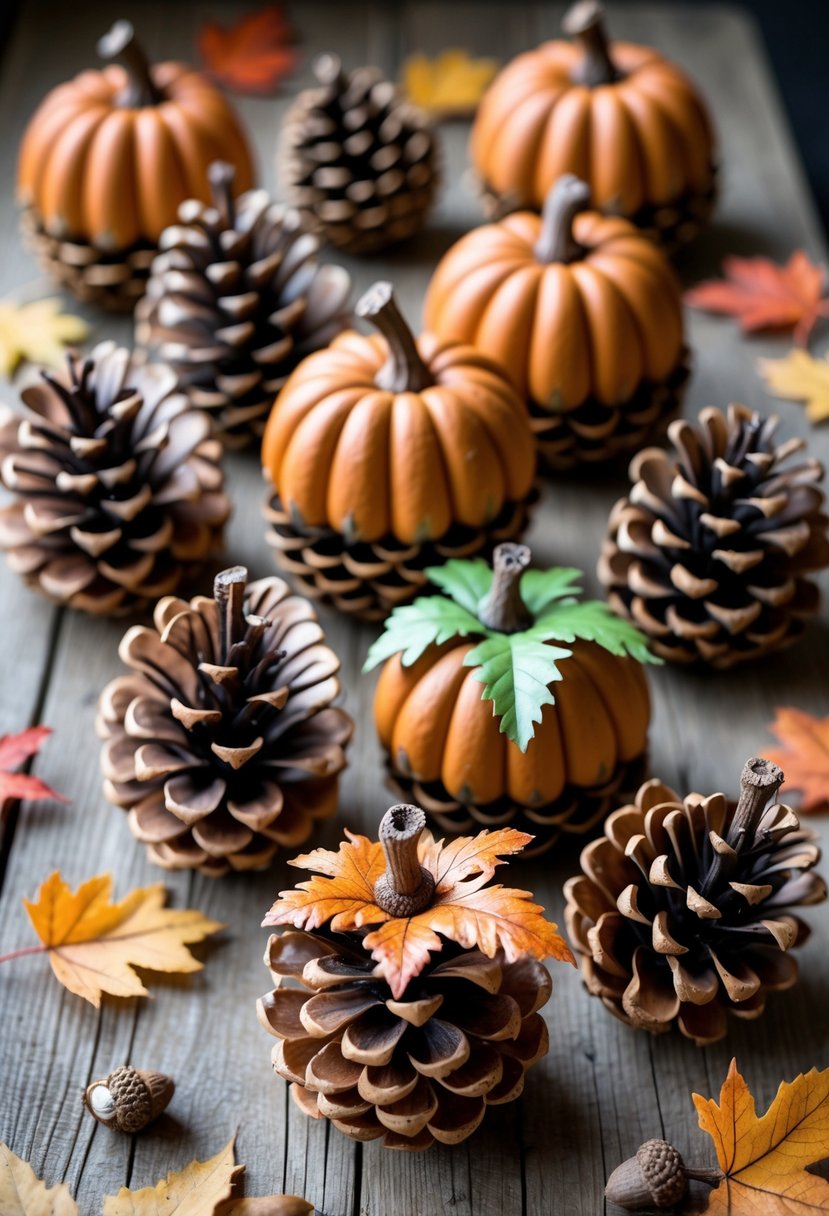Eleven pinecone pumpkins arranged on a wooden surface surrounded by colorful autumn leaves.