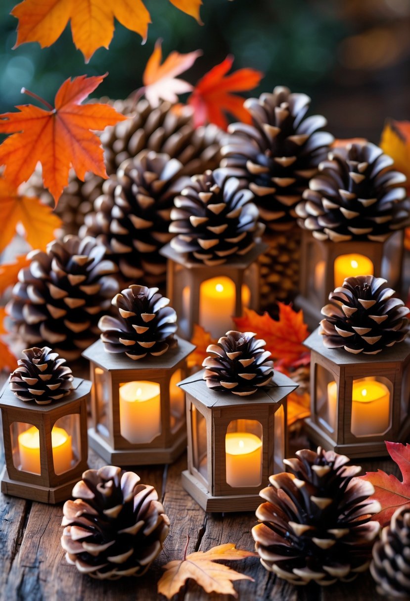 A group of rustic pinecone lanterns with warm glowing lights surrounded by colorful fall leaves on a wooden surface.