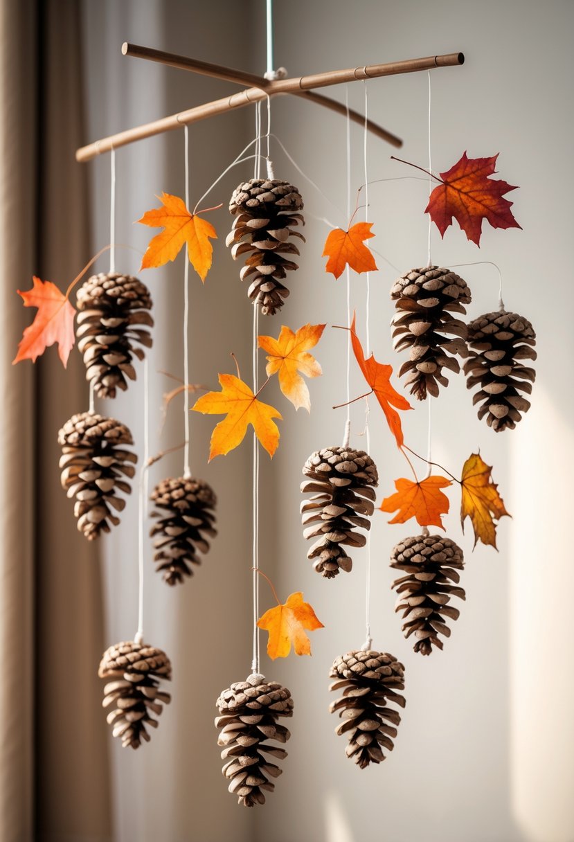 A hanging mobile made of eleven pinecones and colorful fall leaves against a neutral background.