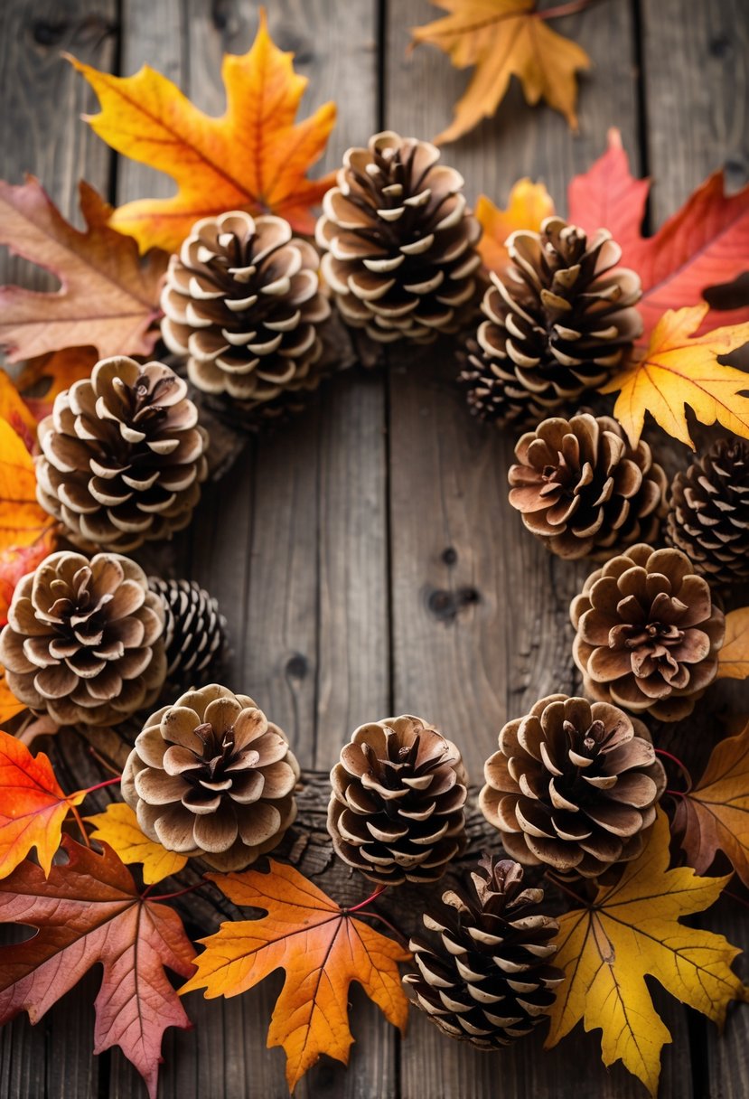A frame made of eleven pinecones and colorful autumn leaves arranged on a wooden surface.