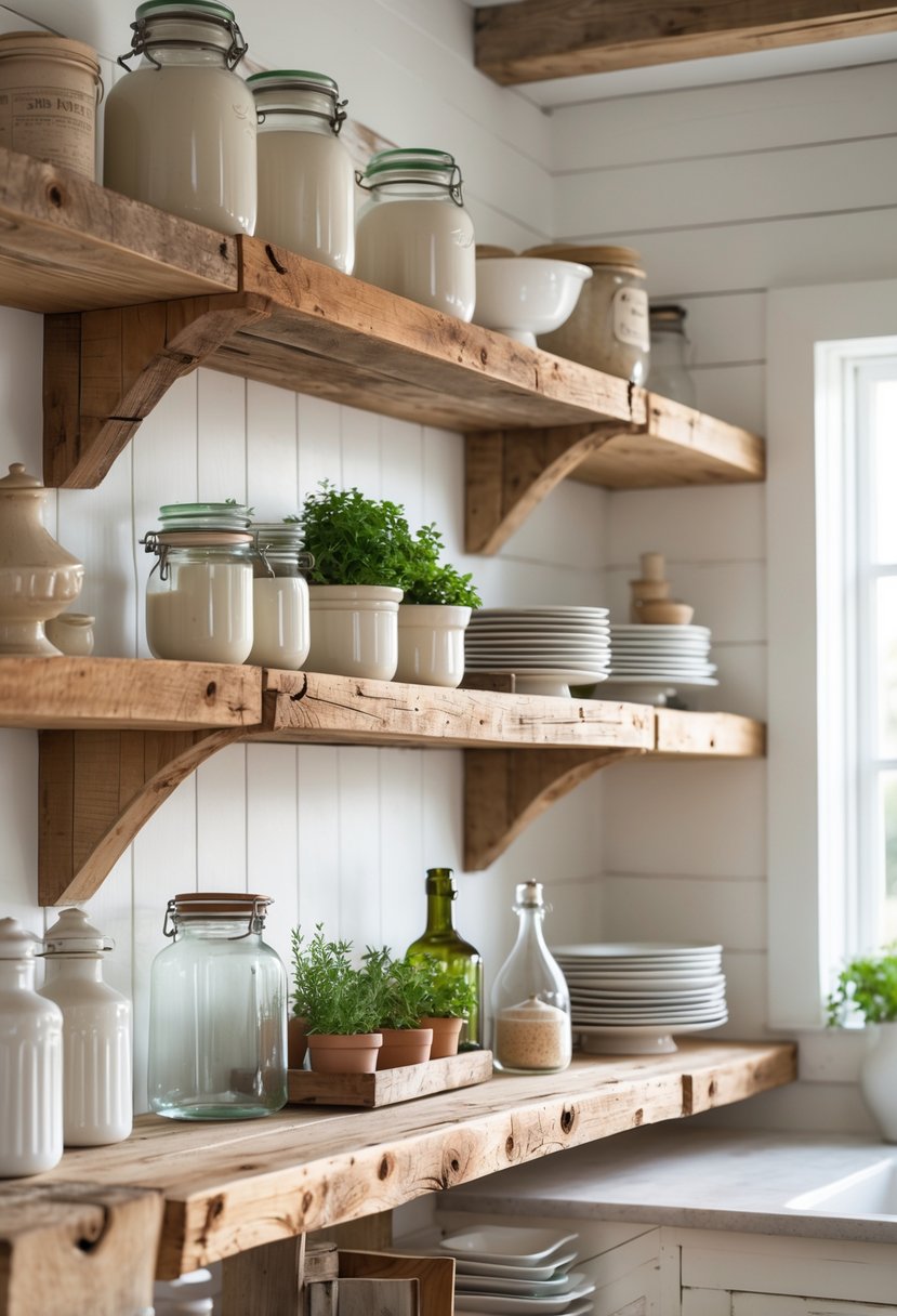 Open wooden shelves made from reclaimed wood in a bright kitchen, holding jars, plates, and potted plants.