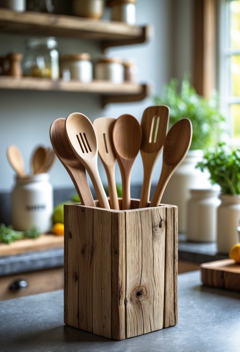 A wooden utensil holder filled with kitchen tools on a countertop surrounded by kitchen items and plants.