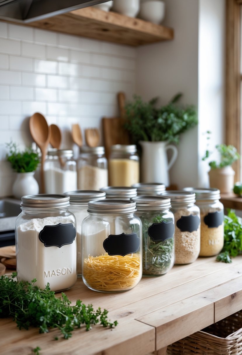 A wooden kitchen countertop with painted mason jars featuring blank chalkboard labels, filled with various dry ingredients and surrounded by kitchen utensils and fresh herbs.