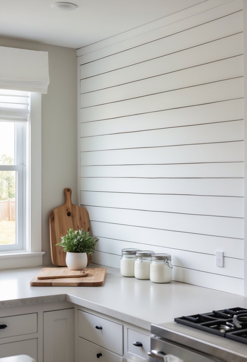 A kitchen countertop with a white wooden plank backsplash and kitchen items arranged neatly.