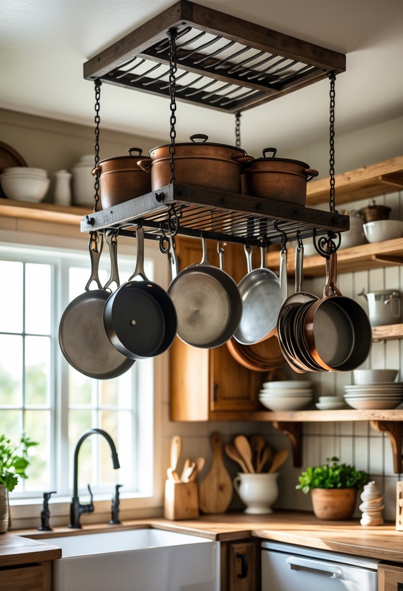A hanging wrought iron pot rack holding pots and pans over a kitchen island with wooden cabinets and natural light.