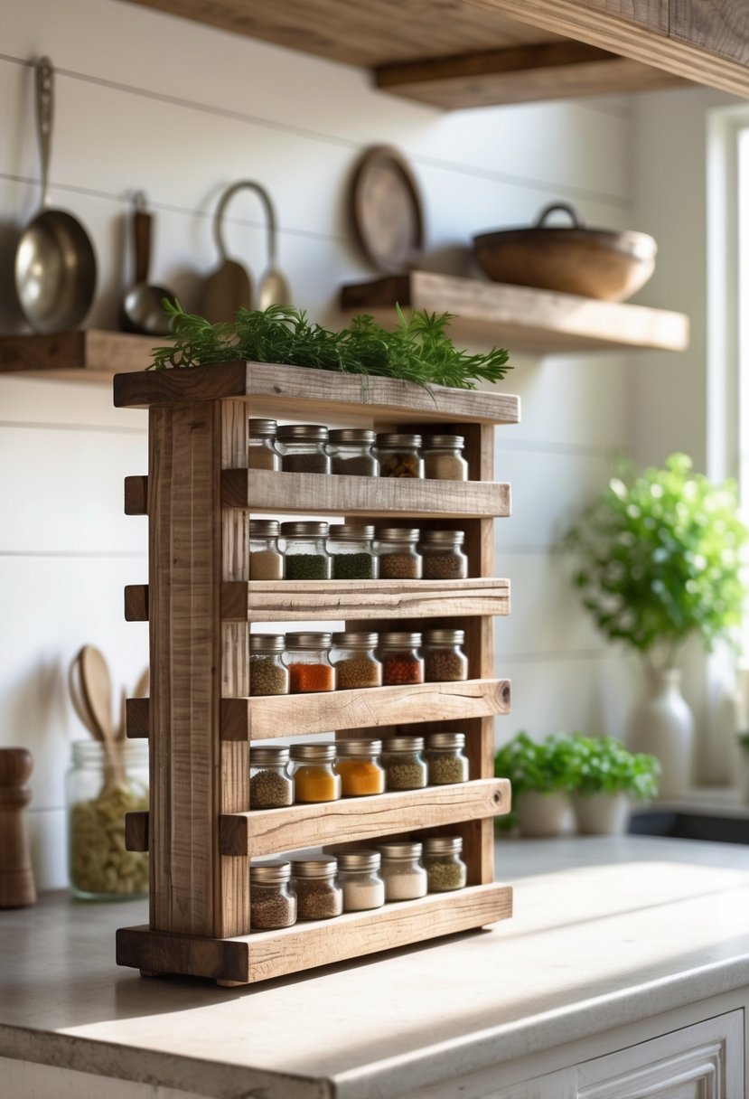 A wooden spice rack with multiple jars of spices on a kitchen countertop with kitchen utensils and potted herbs in the background.